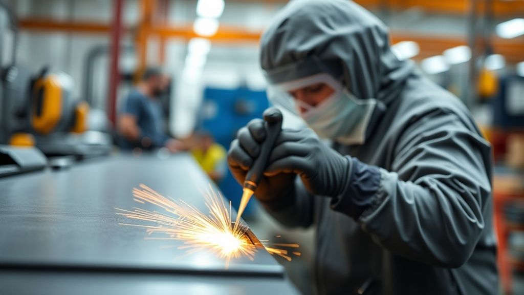 Arbeiter trennt ein Blech an einer Werkbank, Funken sprühen
