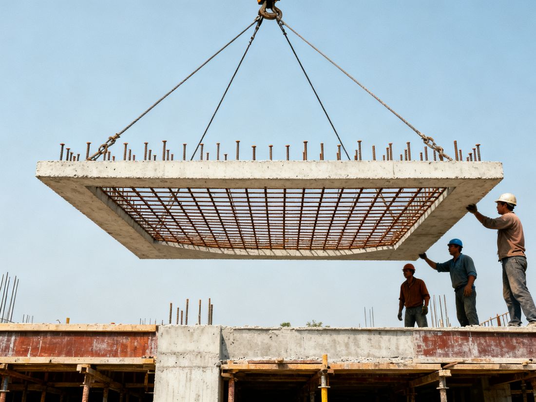 Filigrandecke mit Gitterträgern hängt am Kran über einer Baustelle