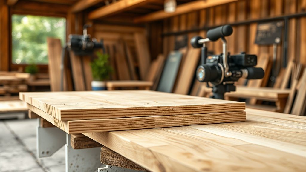 Massivholzplatten auf einem Werktisch in einer Holzwerkstatt