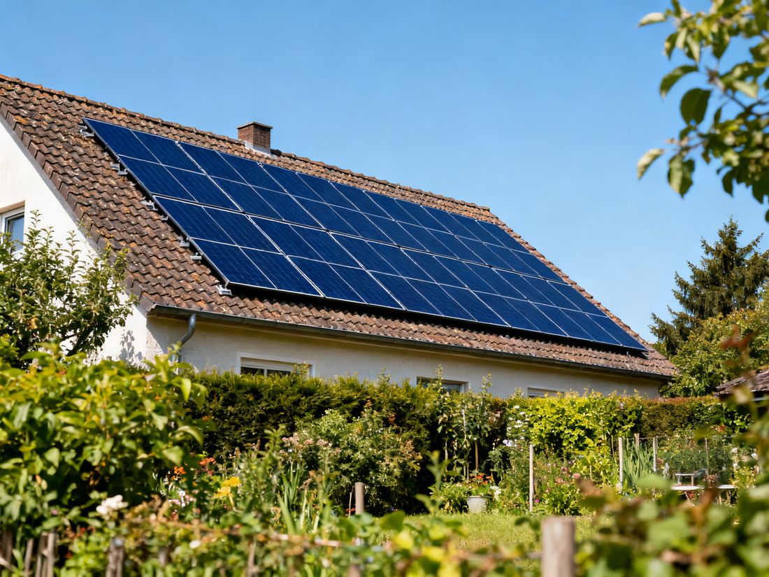 Photovoltaikmodule auf dem Ziegeldach eines Einfamilienhauses