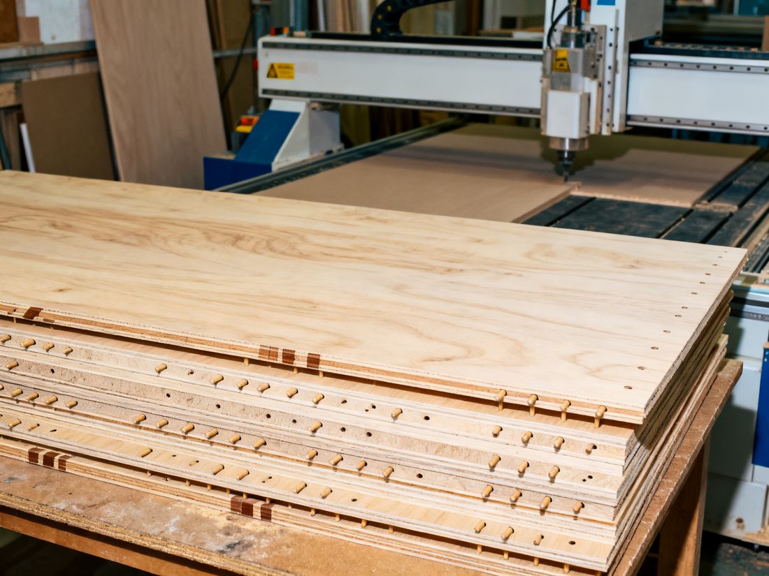 Vorgefertigte Möbelplatten mit Bohrbildern an einer CNC-Maschine