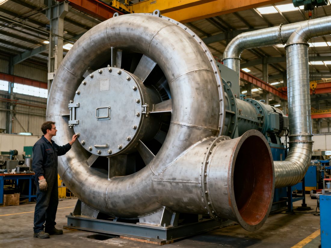 Großer industrieller Radialventilator mit Spiralgehäuse in einer Montagehalle