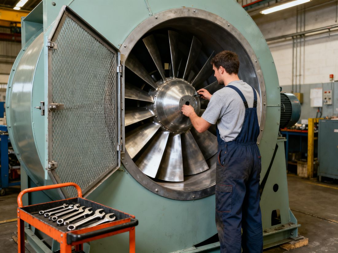 Techniker wartet einen industriellen Radialventilator bei geöffneter Klappe